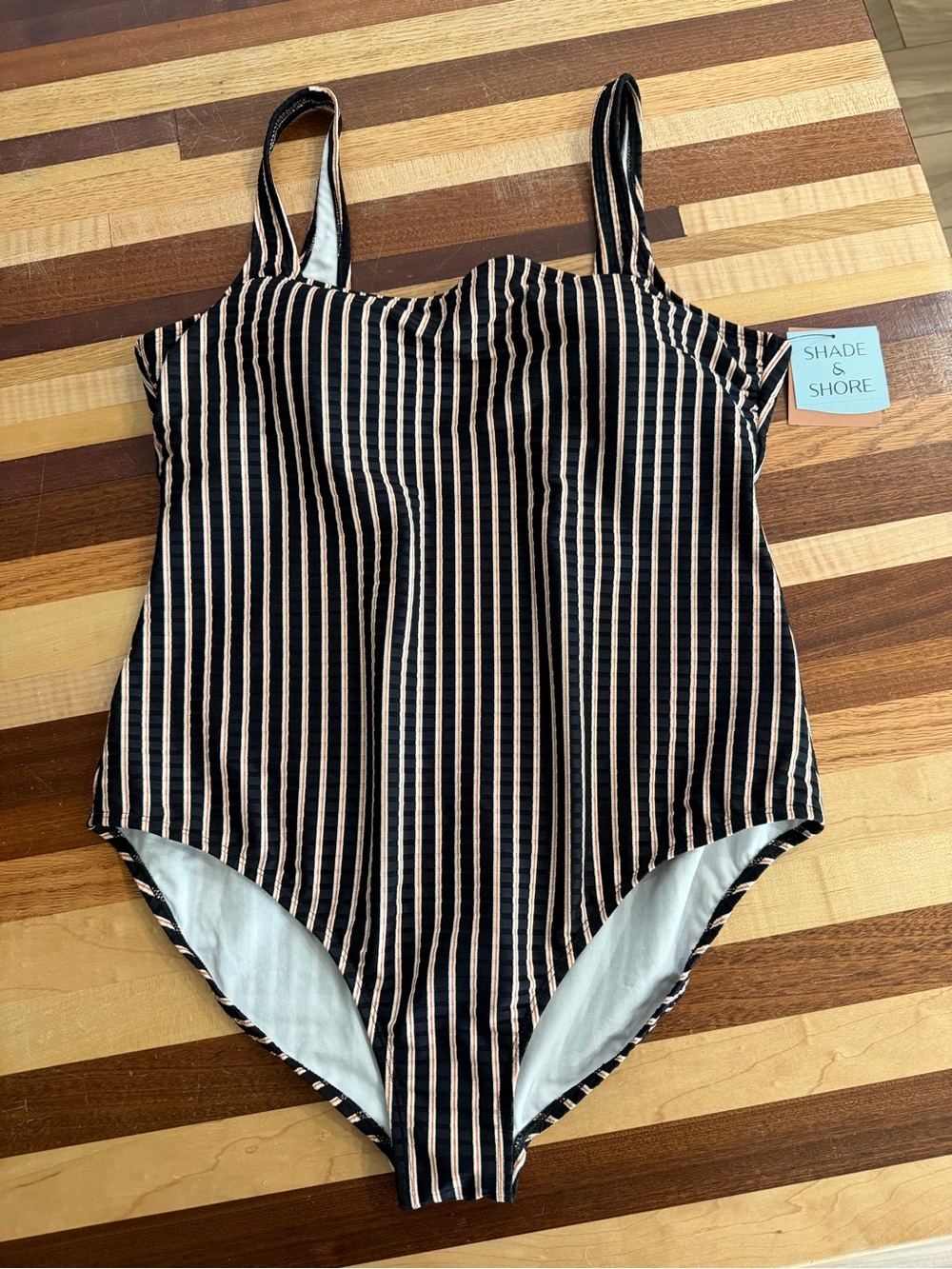 NWT Shade & Shore Girls' Black and Cream Striped One-Piece Swimsuit